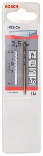 BOSCH BOREN VOOR METAAL HSSCO, DIN 338 2,5 X 30 X 57 MM 2608585841
