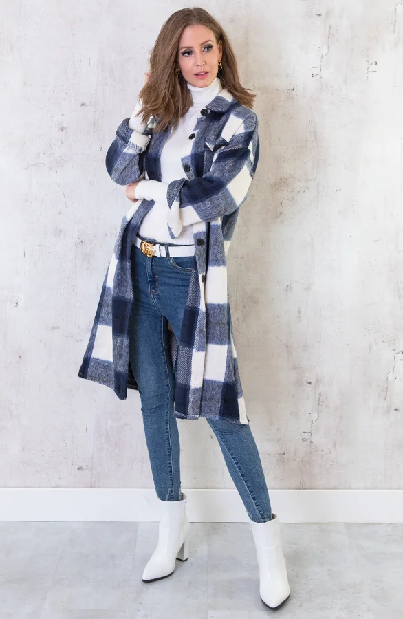 Fleece Jacket Lang Geblokt Blauw
