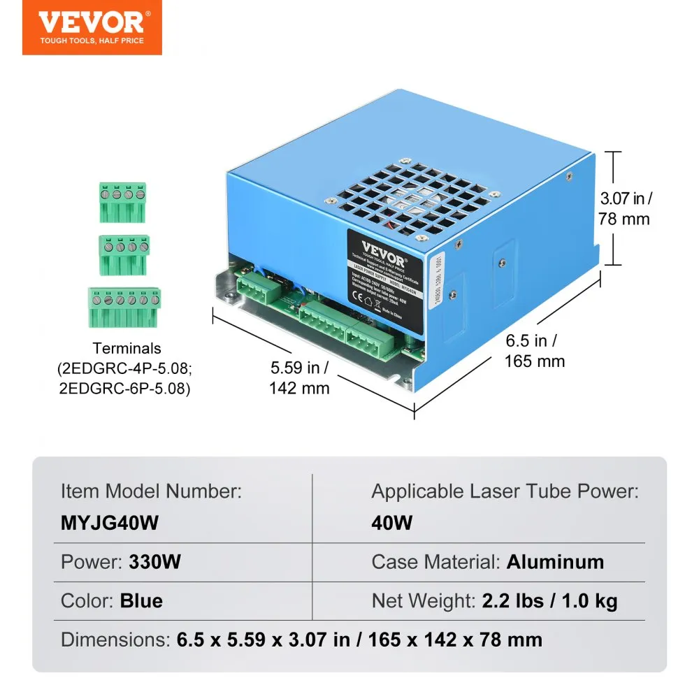 VEVOR CO2LASERVOEDING VOOR 40W LASERBUISLASERGRAVEUR / SNIJDER 3065 ℃