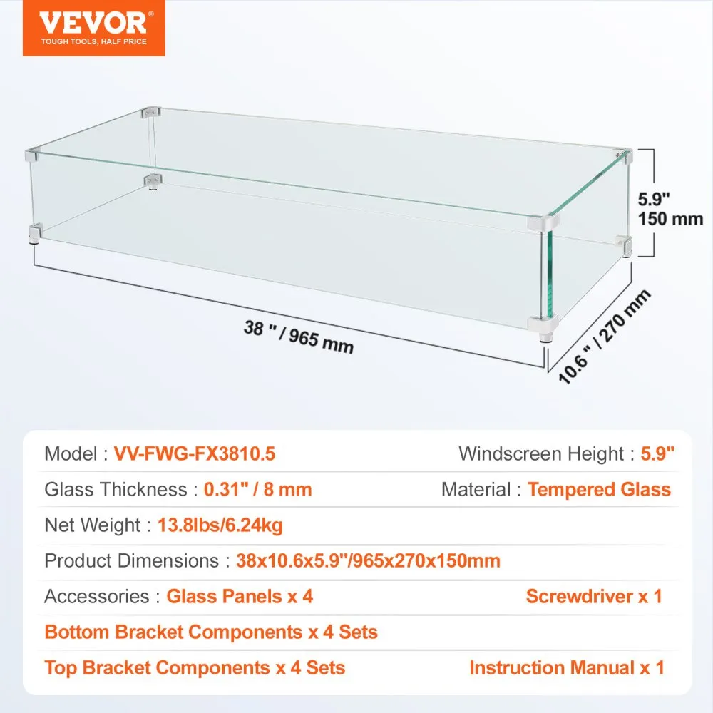 VEVOR windscherm vuurkorf vlamwerend glasopzetstuk 965x267x152mm 0,762cm