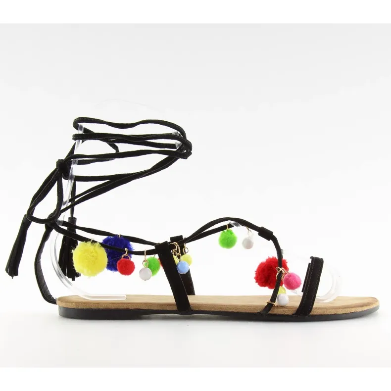 Zwarte sandalen met pompons 6009 zwart